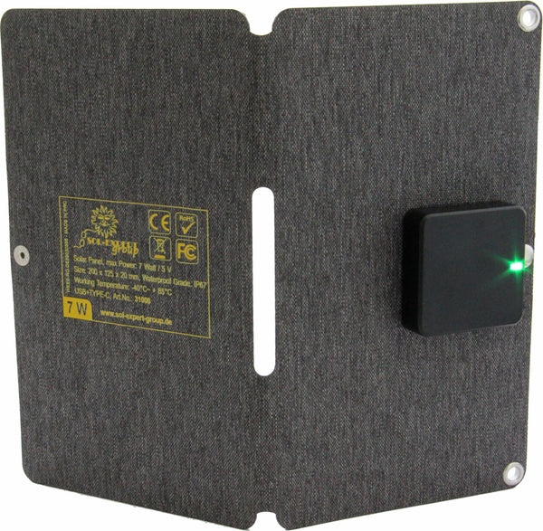 Trag- und faltbares Solar-Ladegerät 7 Watt mit 2 x USB-Ausgang, A und Type-C Der Platzsparende, passt in jede Tasche und ist superleicht.