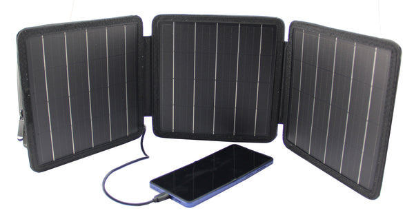 Trag- und faltbares Solar-Ladegerät, 15 Watt mit 2 x USB-Ausgang, A und Type-C Der Allrounder mit extra Tasche für Kabel, Powerbank oder mehr!